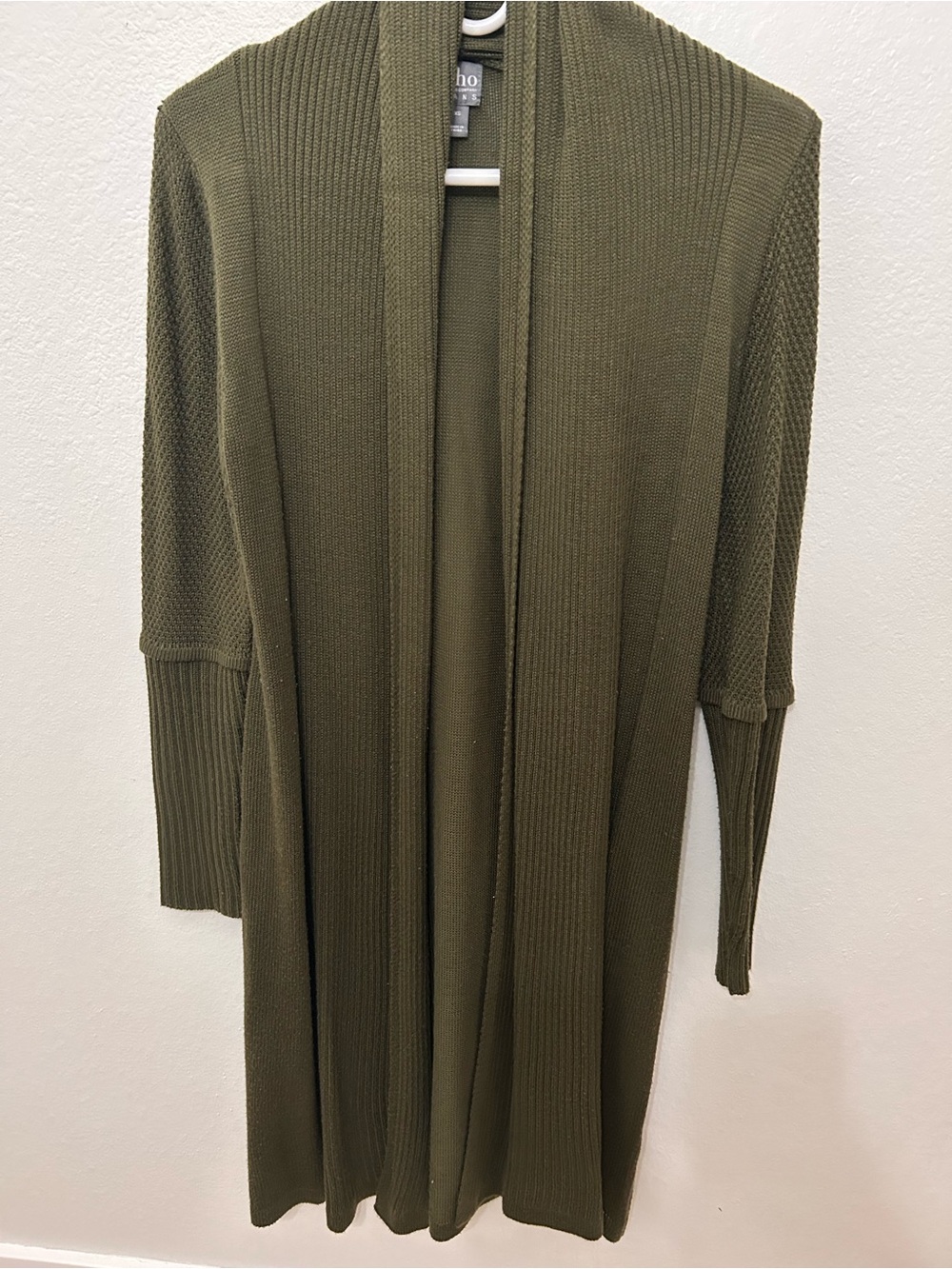 New York & Company Olive Open-Front Long Ribbed Cardigan